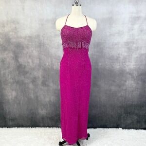 Cassandra Stone Silk Beaded Fringe Gown Size 12 Fuchsia Prom Evening HOCO FLAWED